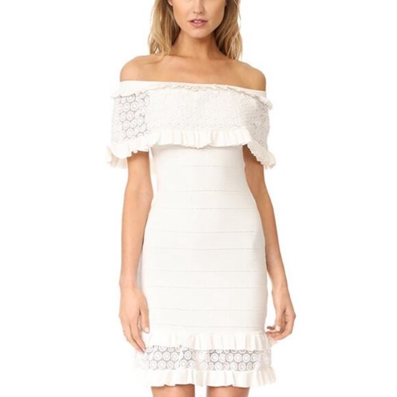 Parker Cora Dress White Off Shoulder Body Con Crochet Knit Ruffle Sheath - Picture 1 of 8